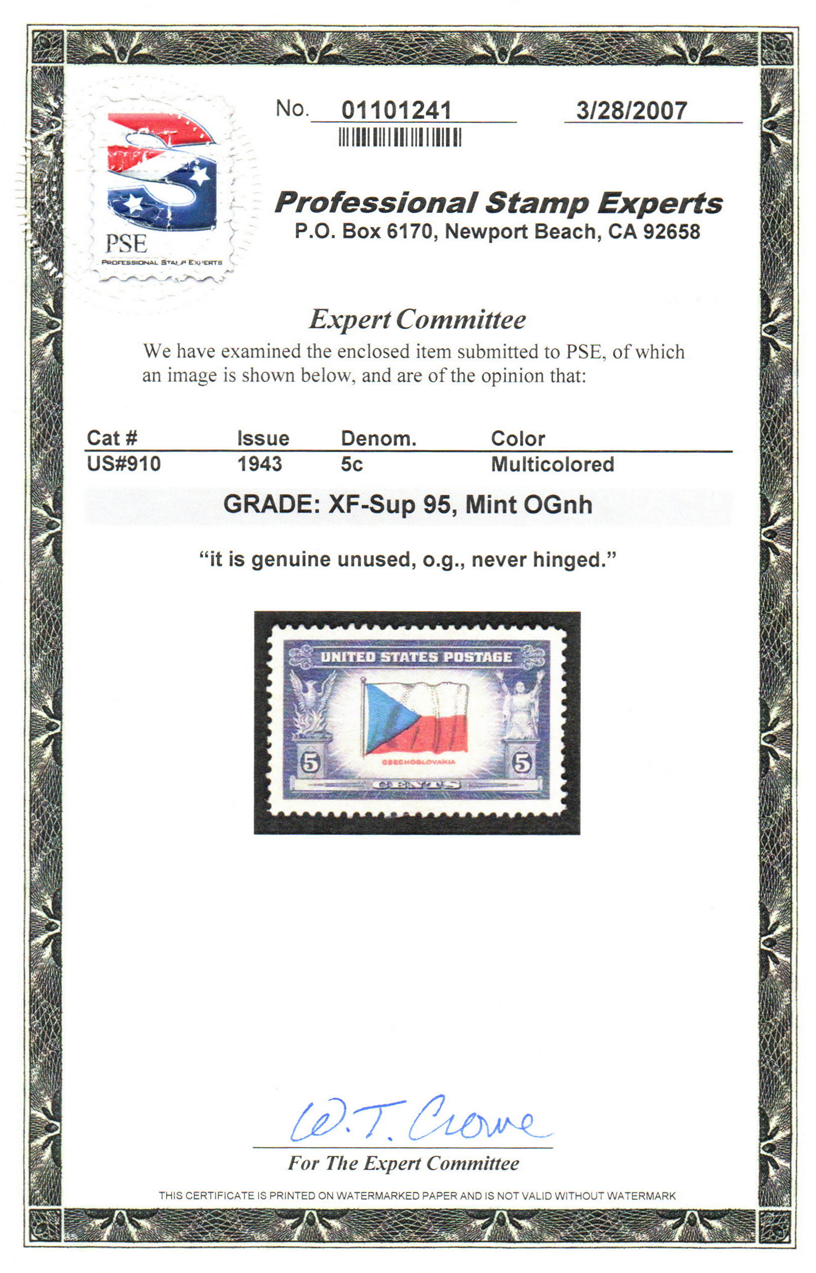MALACK 910 XF OG NH, w/PSE (GRADED 95 (3/07)) CERT, Nice! gg3076